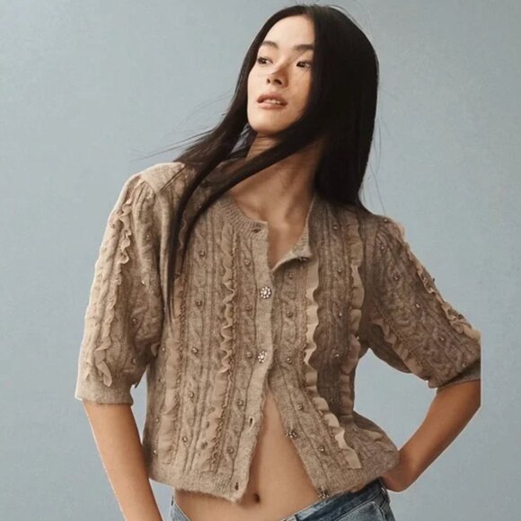 NWT - MAEVE Short-Sleeve Crystal Embellished Ruffled Cardigan Sweater - Size L - Picture 1 of 16
